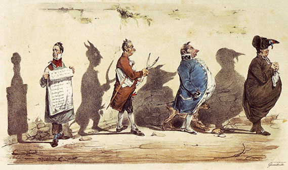 Amostras da arte de Grandville na representação da face sombra dos homens