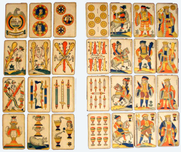 Exemplo de cartas de jogar na Europa, durante o século 19, utilizáveis por Mlle. Lenormand.